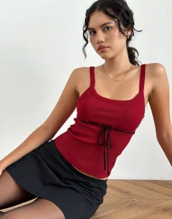Motel Rocks Strappy Tops | Going Out Tops-Joanie Rib Cami Top in Red with Black Tie RedwithBlackTie
