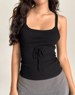 Motel Rocks Strappy Tops | Going Out Tops-Joanie Ribbed Knitted Cami Top in Black