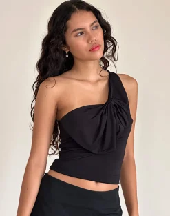 Motel Rocks Going Out Tops-Jovie One Shoulder Slinky Bow Top in Black