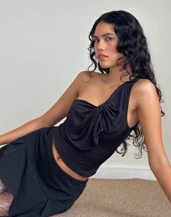 Motel Rocks Going Out Tops-Jovie One Shoulder Slinky Bow Top in Black