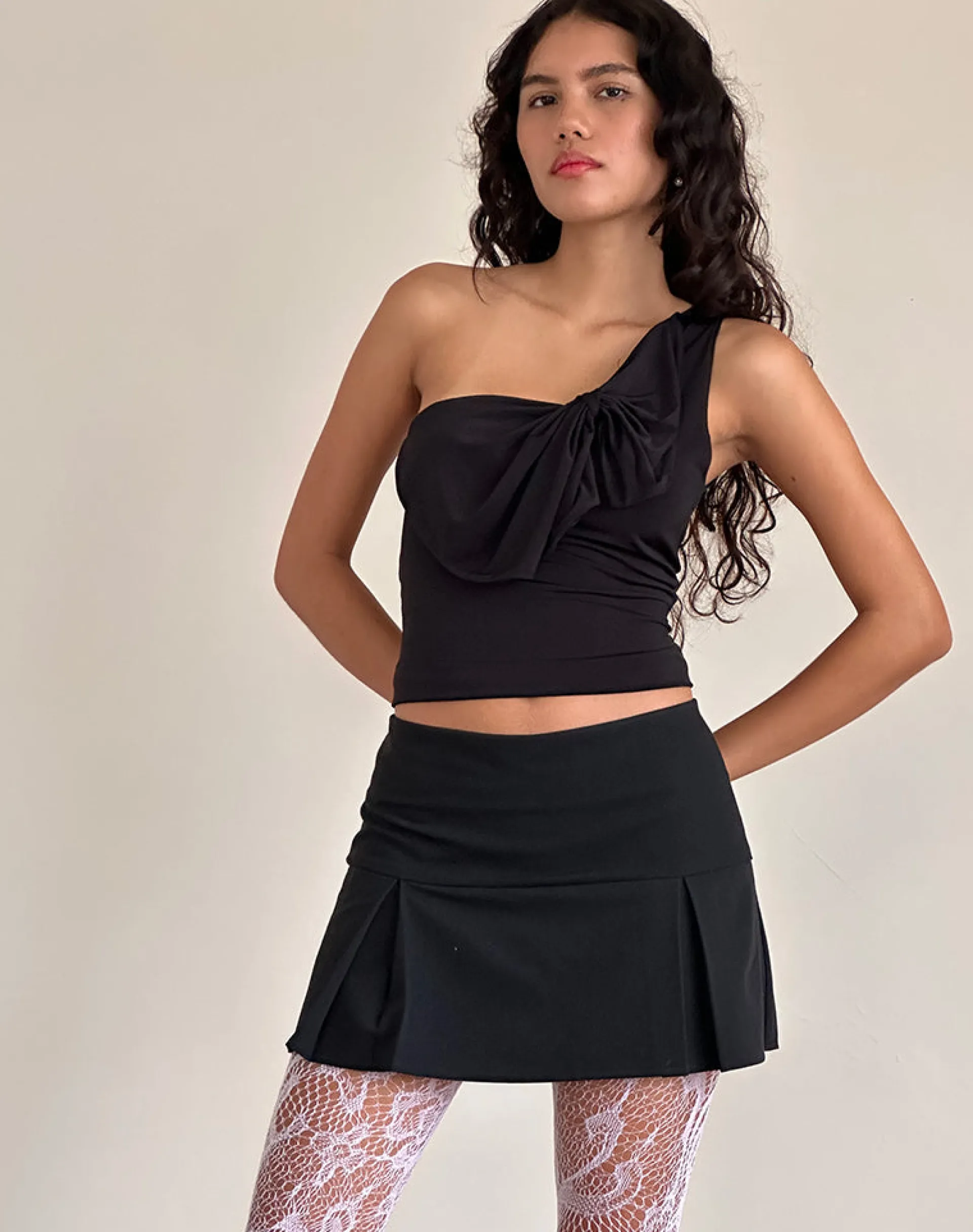 Motel Rocks Going Out Tops-Jovie One Shoulder Slinky Bow Top in Black