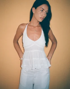 Motel Rocks Halterneck Tops-Juanita Frill Halterneck Top in Crochet White