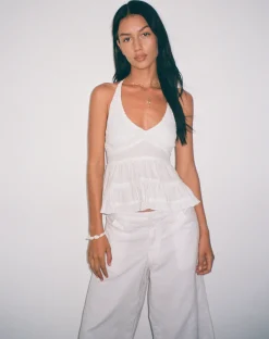 Motel Rocks Halterneck Tops-Juanita Frill Halterneck Top in Crochet White