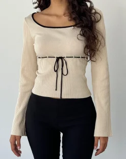Motel Rocks Long Sleeve Tops-Juhye Knitted Long Sleeve Top in Beige with Black Binding BeigewithBlackBinding