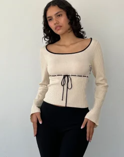 Motel Rocks Long Sleeve Tops-Juhye Knitted Long Sleeve Top in Beige with Black Binding BeigewithBlackBinding