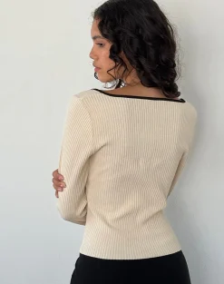 Motel Rocks Long Sleeve Tops-Juhye Knitted Long Sleeve Top in Beige with Black Binding BeigewithBlackBinding
