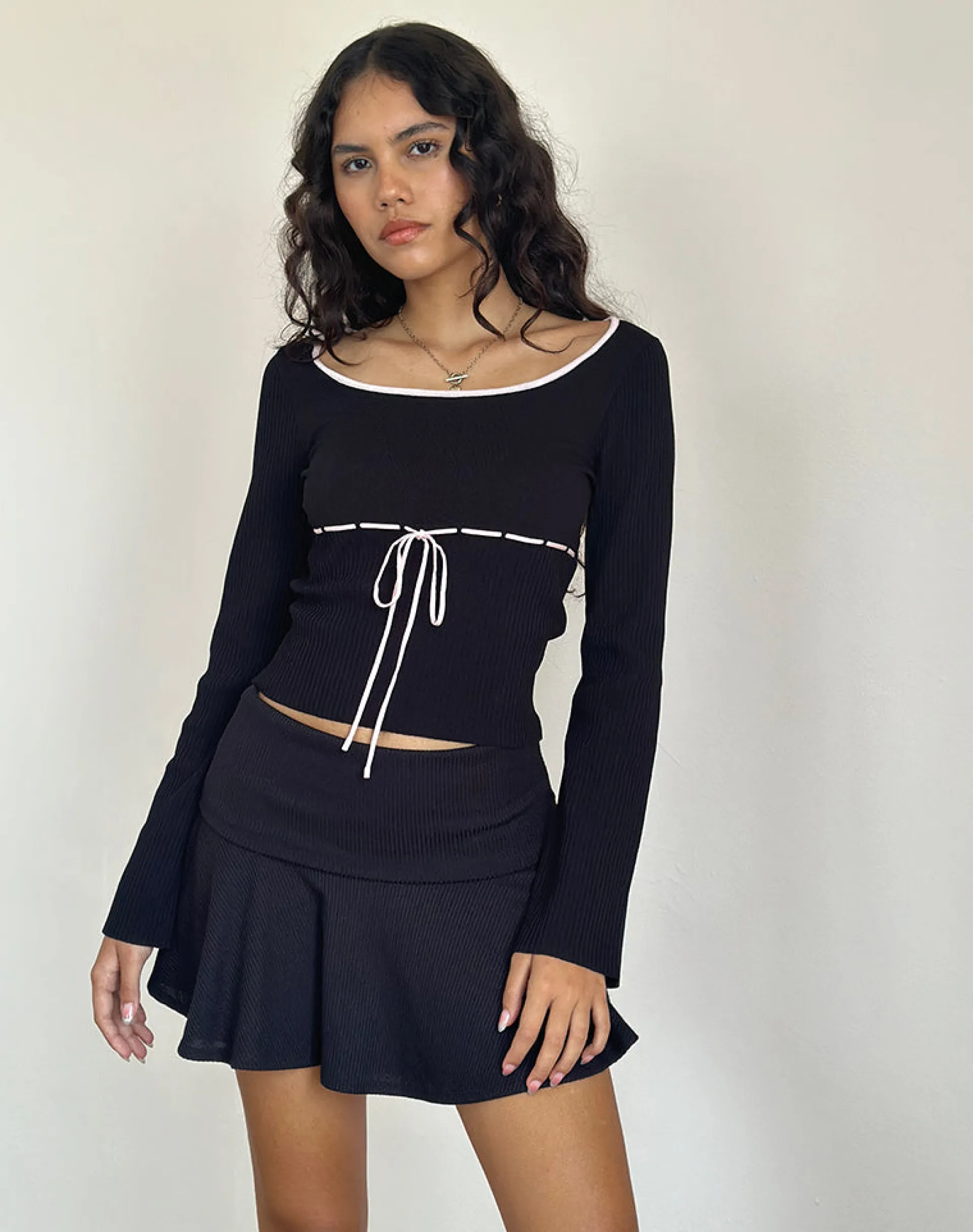 Motel Rocks Basics | Basic Tops-Juhye Knitted Top in Black with Pink Binding BlackwithPinkBinding
