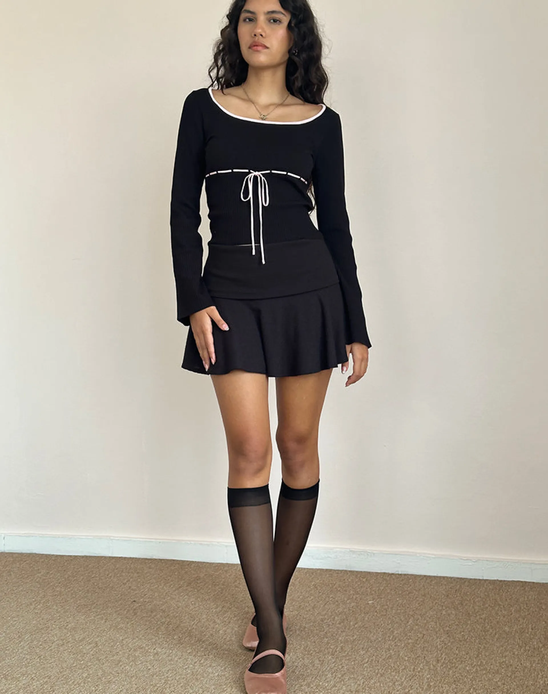 Motel Rocks Basics | Basic Tops-Juhye Knitted Top in Black with Pink Binding BlackwithPinkBinding