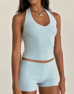 Motel Rocks Loungewear | Co-Ords-Jules Halter Top in Blue and Grey Jersey Stripe BlueandGreyJerseyStripe