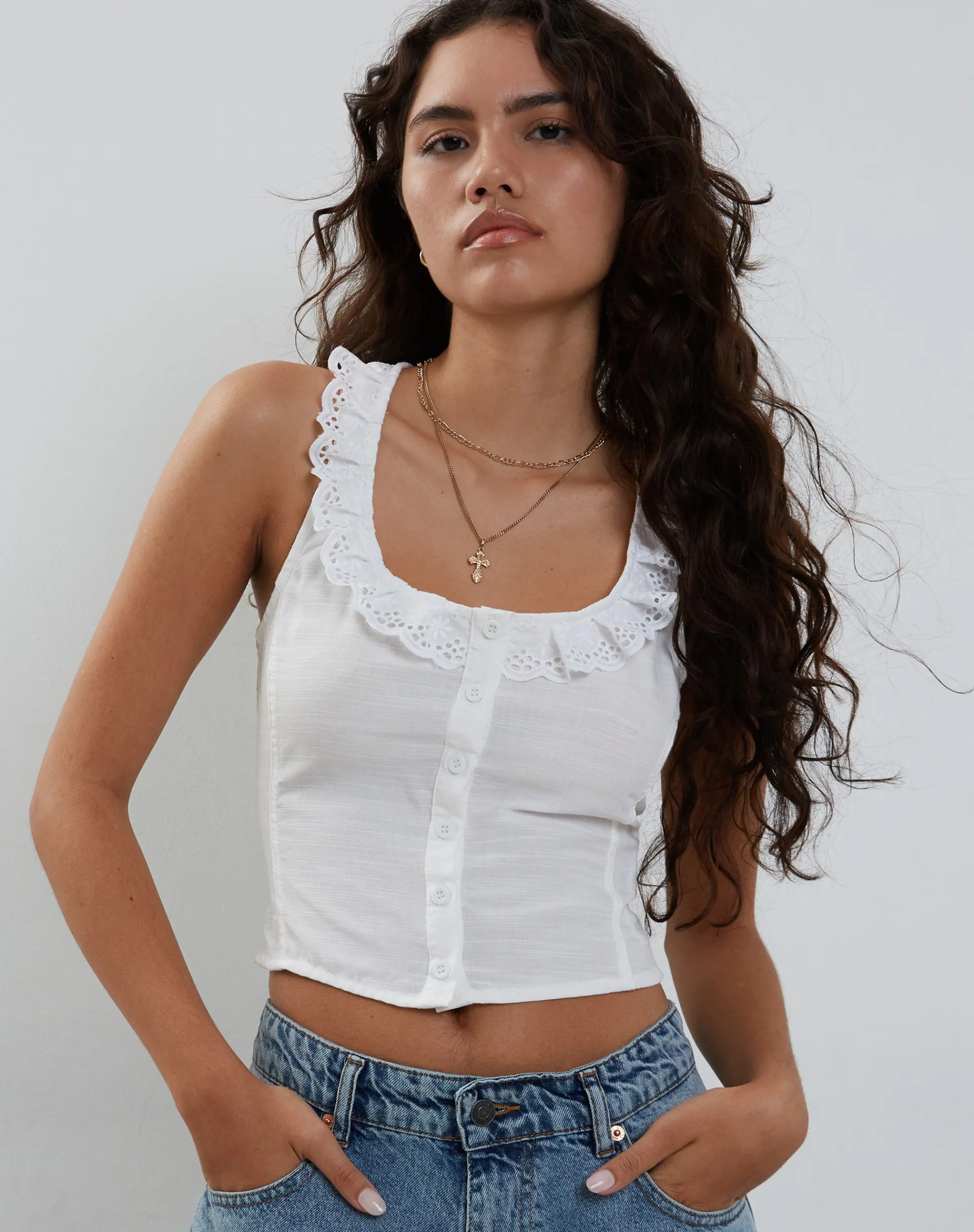 Motel Rocks Going Out Tops-Junko Frill Detail Button Through Top in White