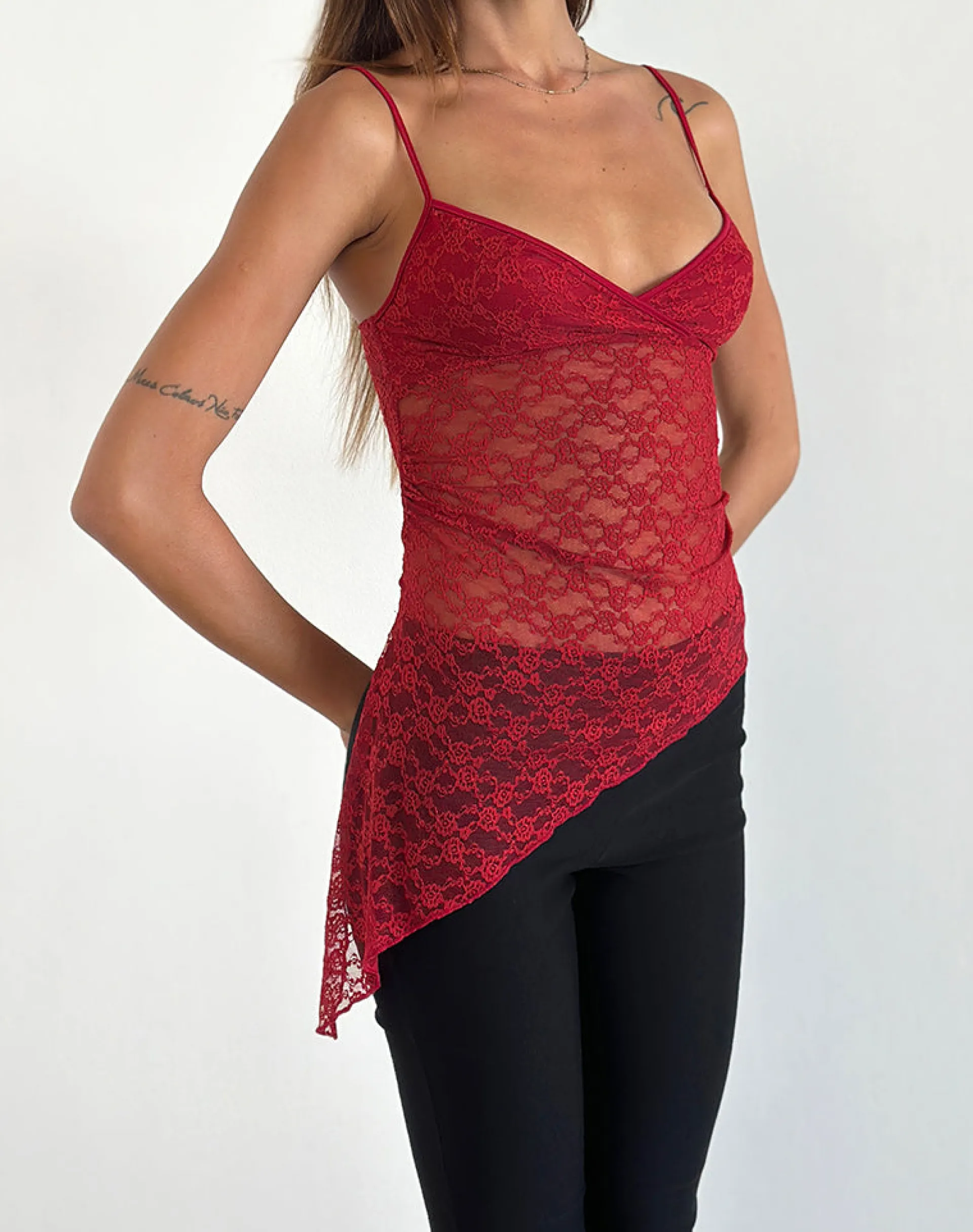 Motel Rocks Strappy Tops | Lace Tops-Kacha Asymmetric Cami Top in Red Mari Lace RedMariLace