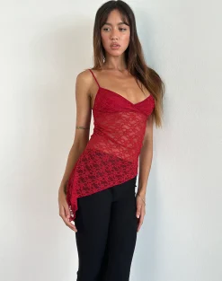 Motel Rocks Strappy Tops | Lace Tops-Kacha Asymmetric Cami Top in Red Mari Lace RedMariLace