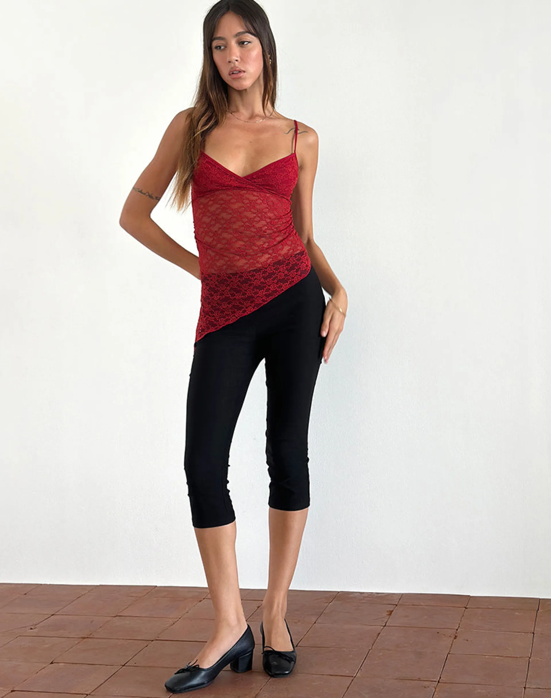 Motel Rocks Strappy Tops | Lace Tops-Kacha Asymmetric Cami Top in Red Mari Lace RedMariLace