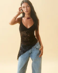 Motel Rocks Strappy Tops | Lace Tops-Kacha Cami Top in Jet Black Lace JetBlackLace