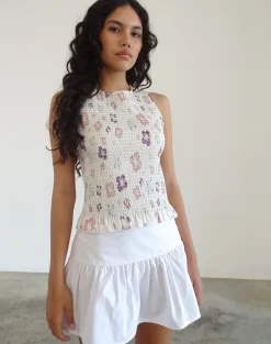 Motel Rocks Vest Tops | Printed Tops-Kagumi Shirred Top in Flower Stamp Purple FlowerStampPurple