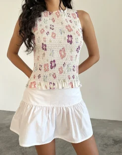 Motel Rocks Vest Tops | Printed Tops-Kagumi Shirred Top in Flower Stamp Purple FlowerStampPurple
