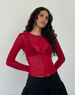 Motel Rocks Long Sleeve Tops | Going Out Tops-Kahula Shirt in Red Heart Flocked Mesh RedHeartFlockedMesh