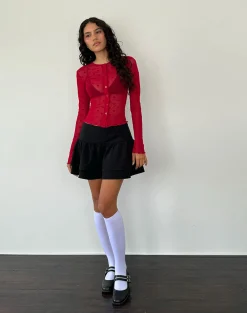Motel Rocks Long Sleeve Tops | Going Out Tops-Kahula Shirt in Red Heart Flocked Mesh RedHeartFlockedMesh