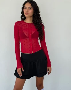 Motel Rocks Long Sleeve Tops | Going Out Tops-Kahula Shirt in Red Heart Flocked Mesh RedHeartFlockedMesh