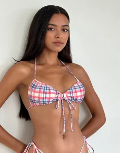 Motel Rocks Swimwear-Kaia Bikini Top in Pastel Pink Tartan PastelPinkTartan