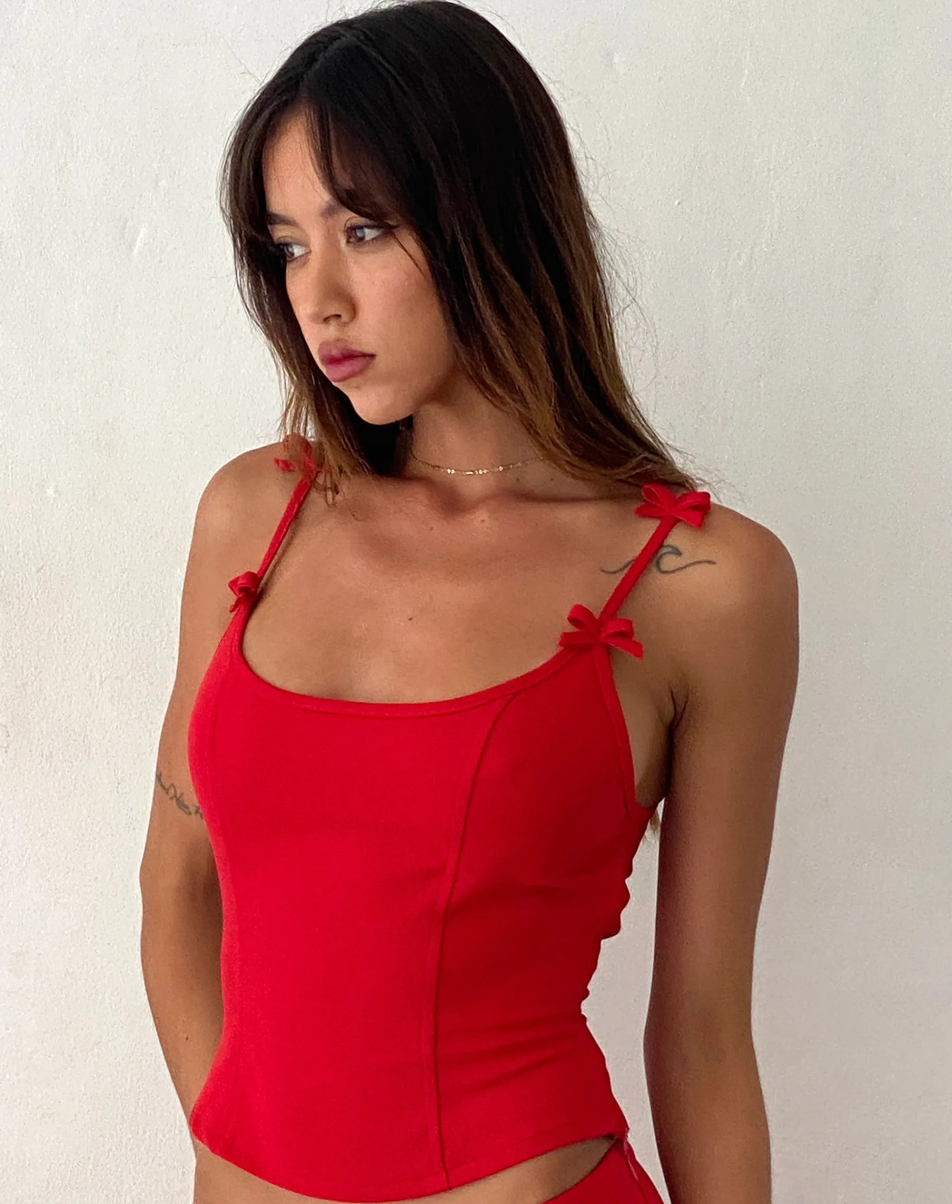 Motel Rocks Corset Tops | Strappy Tops-Kaida Bow Detail Corset Top in Tailoring Red TailoringRed