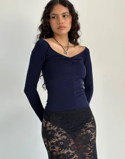 Motel Rocks Long Sleeve Tops-Kaisley Ruched Front Long Sleeve Top in Navy