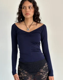 Motel Rocks Long Sleeve Tops-Kaisley Ruched Front Long Sleeve Top in Navy