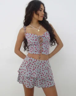 Motel Rocks Printed Tops | Strappy Tops-Kalilo lace Front Top in Blue Red Floral