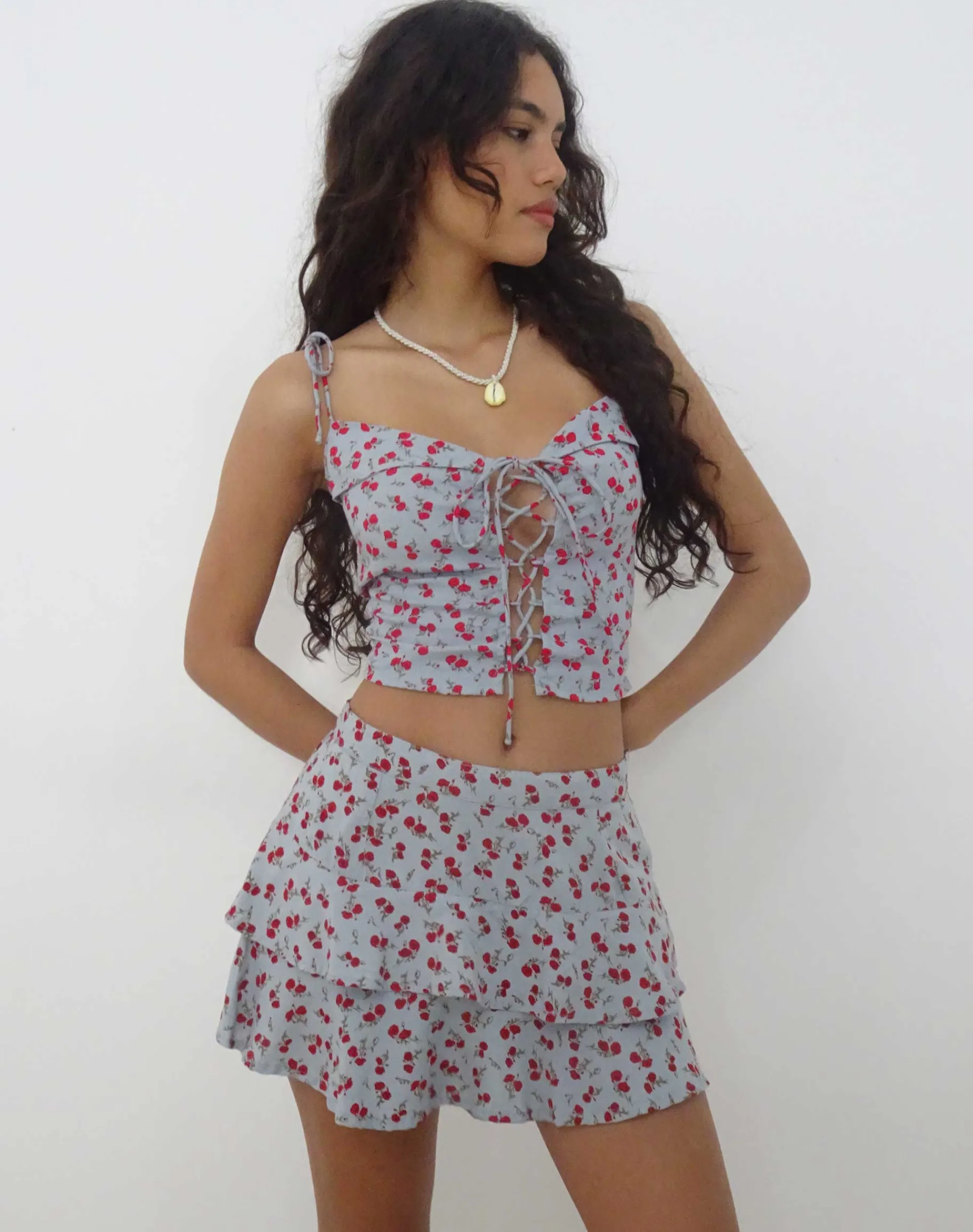 Motel Rocks Printed Tops | Strappy Tops-Kalilo lace Front Top in Blue Red Floral