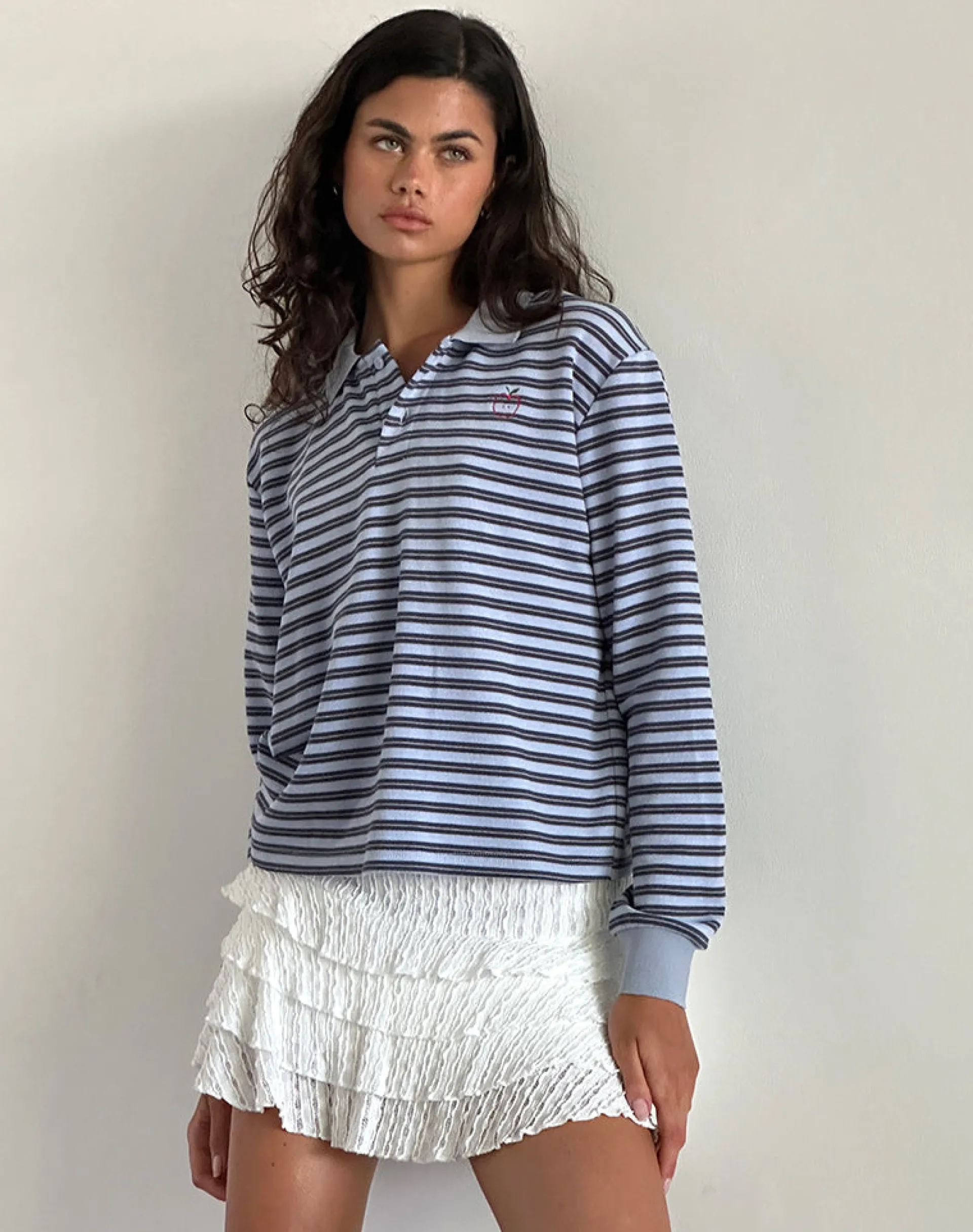 Motel Rocks Shirts And Blouses | Printed Tops-Kamilla Baggy Long Sleeve Shirt in Blue and Grey Stripe