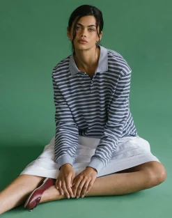 Motel Rocks Shirts And Blouses | Printed Tops-Kamilla Baggy Long Sleeve Shirt in Blue and Grey Stripe