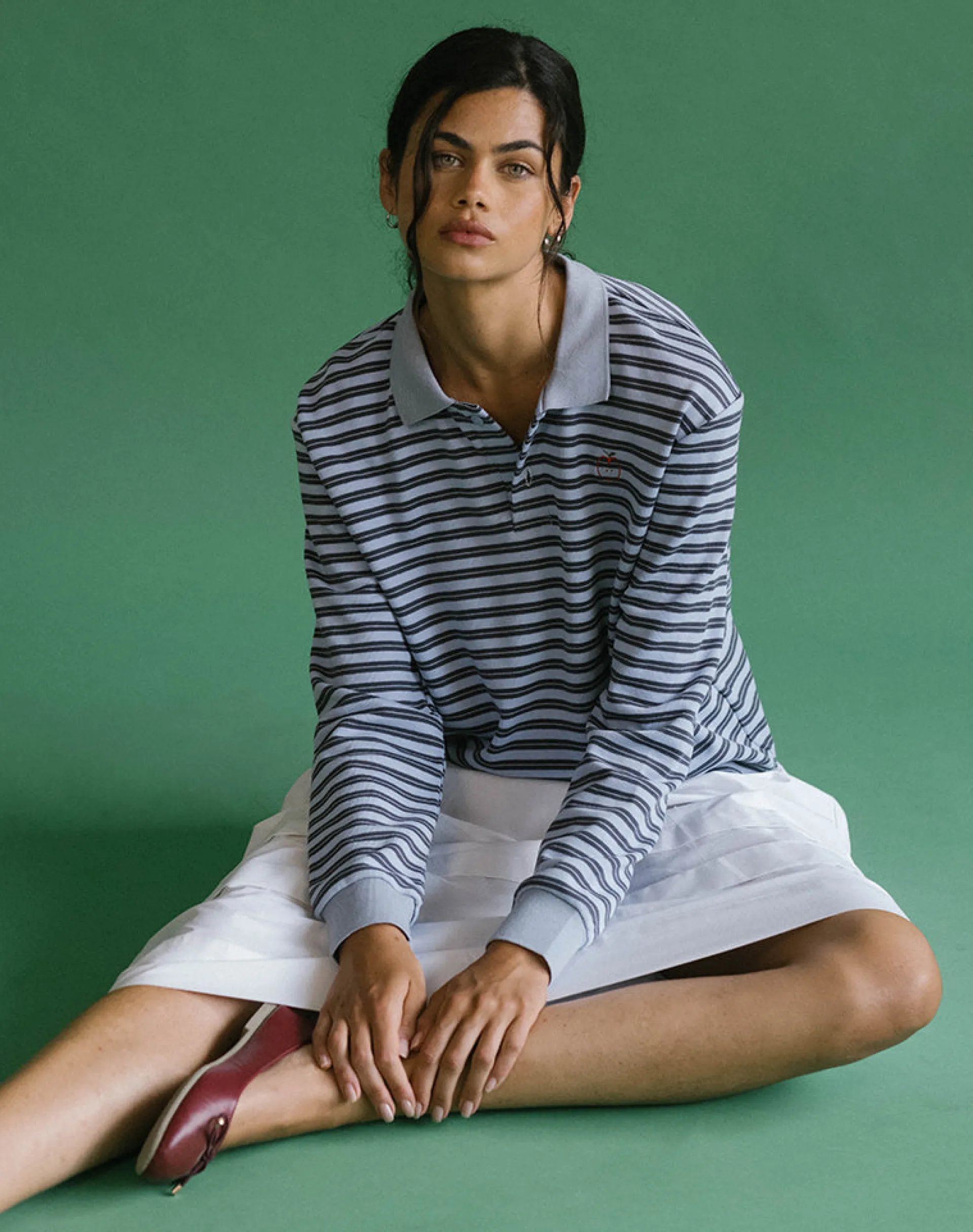 Motel Rocks Shirts And Blouses | Printed Tops-Kamilla Baggy Long Sleeve Shirt in Blue and Grey Stripe