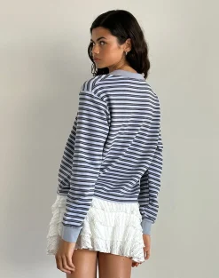 Motel Rocks Shirts And Blouses | Printed Tops-Kamilla Baggy Long Sleeve Shirt in Blue and Grey Stripe