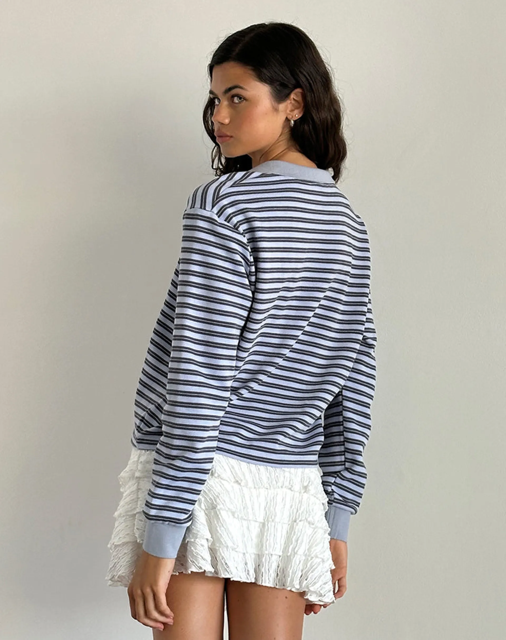 Motel Rocks Shirts And Blouses | Printed Tops-Kamilla Baggy Long Sleeve Shirt in Blue and Grey Stripe