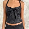 Motel Rocks Halterneck Tops | Going Out Tops-Kampi Halter Top in Satin Jacquard Black