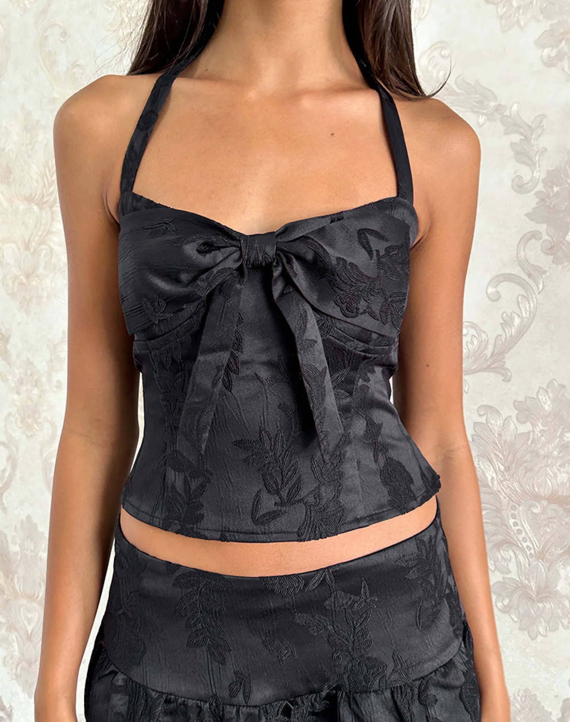 Motel Rocks Halterneck Tops | Going Out Tops-Kampi Halter Top in Satin Jacquard Black