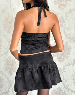 Motel Rocks Halterneck Tops | Going Out Tops-Kampi Halter Top in Satin Jacquard Black