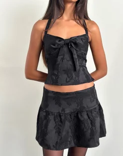 Motel Rocks Halterneck Tops | Going Out Tops-Kampi Halter Top in Satin Jacquard Black