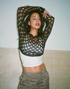 Motel Rocks Long Sleeve Tops-Kansaya Crop Top in Black