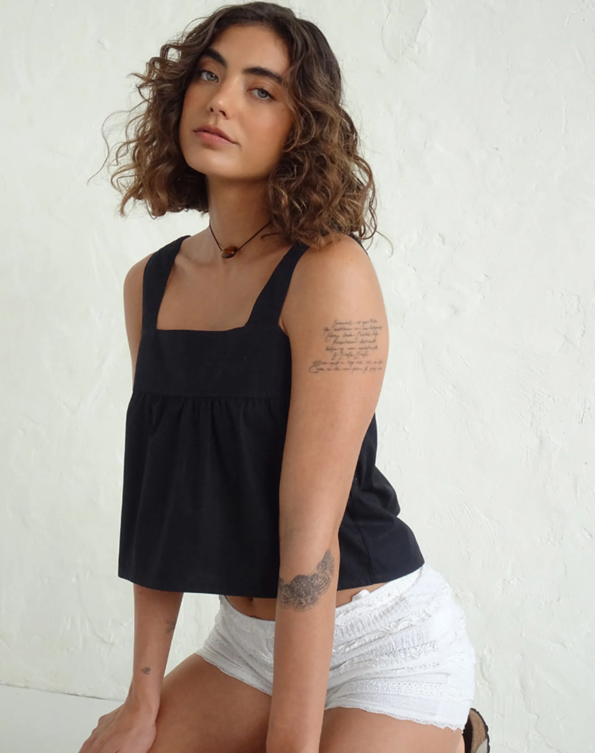 Motel Rocks Basic Tops-Karana Peplum Top in Poplin Black