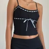 Motel Rocks Corset Tops | Strappy Tops-Karda Cami Top in Black with Contrast Ribbon