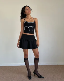 Motel Rocks Corset Tops | Strappy Tops-Karda Cami Top in Black with Contrast Ribbon