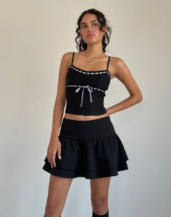 Motel Rocks Corset Tops | Strappy Tops-Karda Cami Top in Black with Contrast Ribbon