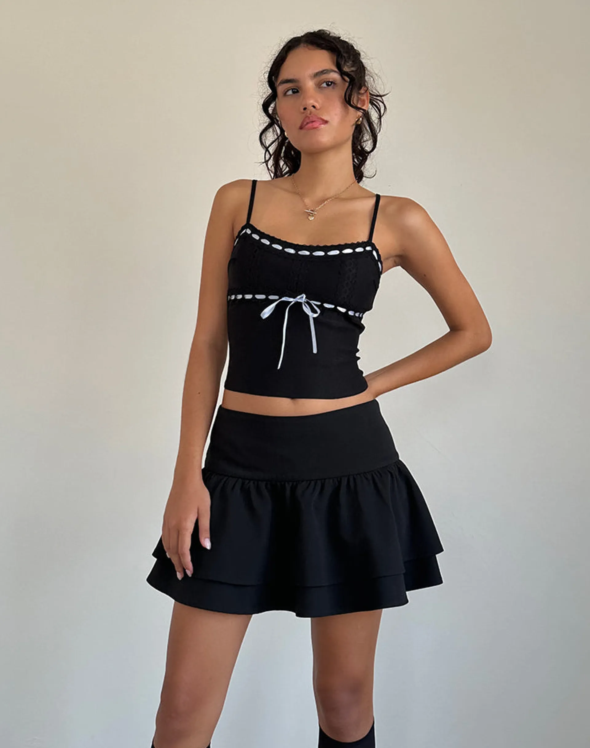 Motel Rocks Corset Tops | Strappy Tops-Karda Cami Top in Black with Contrast Ribbon