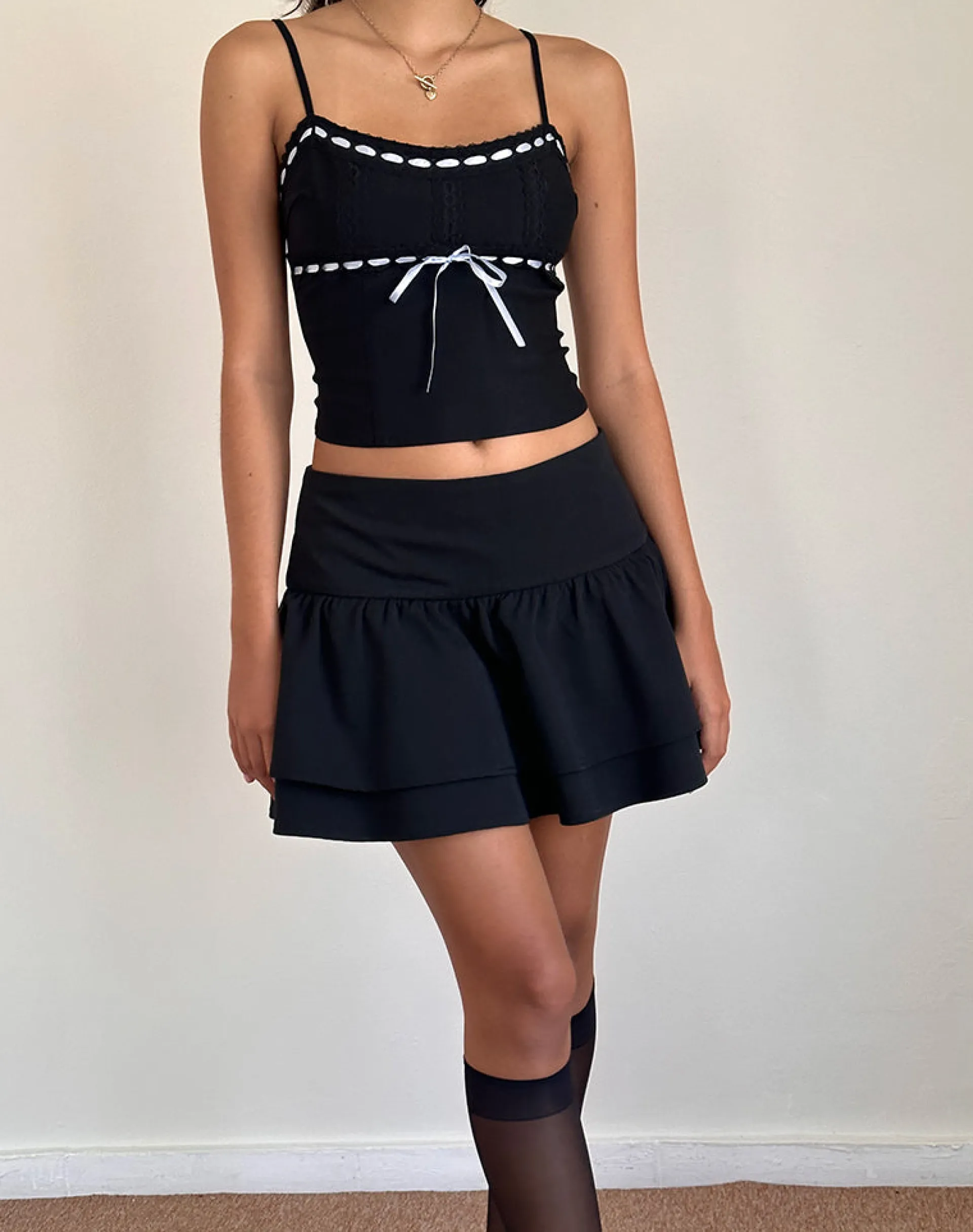 Motel Rocks Corset Tops | Strappy Tops-Karda Cami Top in Black with Contrast Ribbon