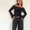 Motel Rocks Long Sleeve Tops | Going Out Tops-Kareena Long Sleeve Bardot Top in Pretty Petal Flock Navy PrettyPetalFlockNavy