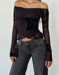 Motel Rocks Long Sleeve Tops | Going Out Tops-Kareena Long Sleeve Bardot Top in Orchid Flock Black OrchidFlockBlack