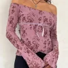 Motel Rocks Long Sleeve Tops | Going Out Tops-Kareena Long Sleeve Bardot Top in Abstract Botanic Mauve AbstractBotanicMauve