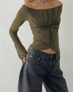 Motel Rocks Long Sleeve Tops | Going Out Tops-Kareena Long Sleeve Bardot Top in Abstract Botanic Dark Olive darkoliveabstrbotanic