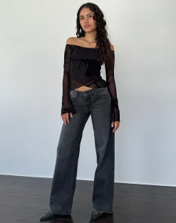 Motel Rocks Long Sleeve Tops | Going Out Tops-Kareena Long Sleeve Bardot Top in Orchid Flock Black OrchidFlockBlack